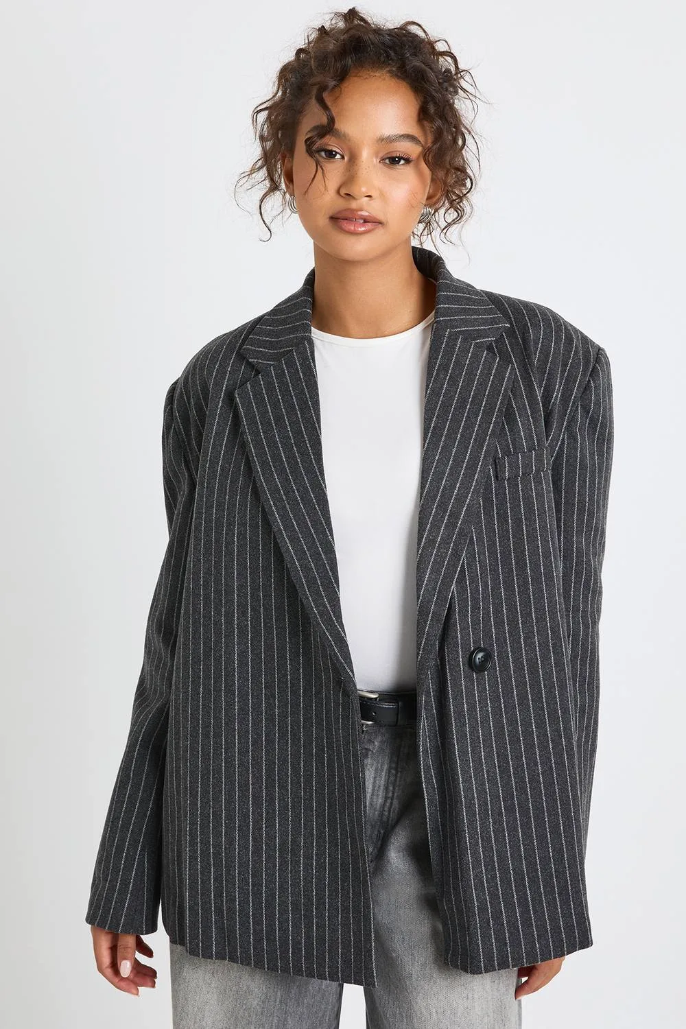 Wool Pinstripe Asymmetric Oversized Blazer by boohoo