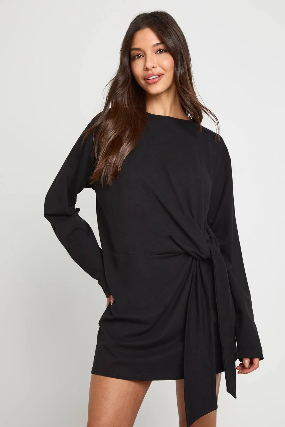 Tie Knot Waist Long Sleeve Mini Dress by boohoo