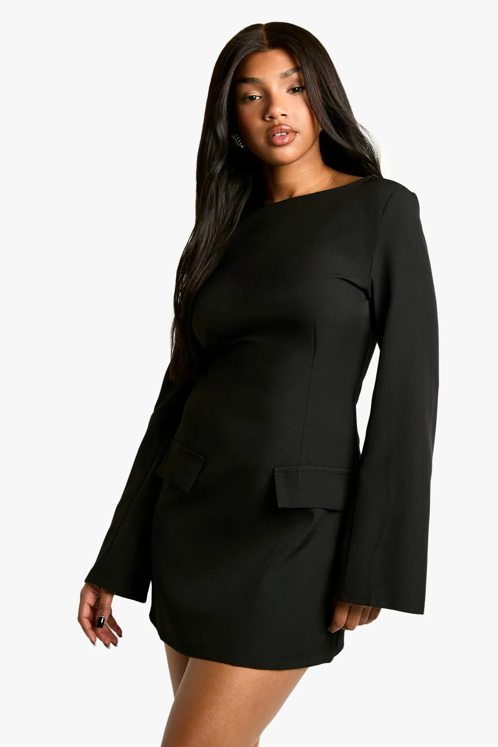 Long Sleeve Slash Neck Tailored Mini Dress by boohoo