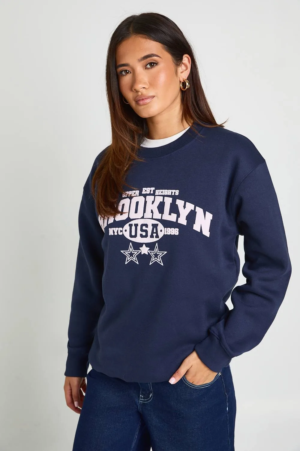 Washed Brooklyn Printed Sweatshirt by boohoo