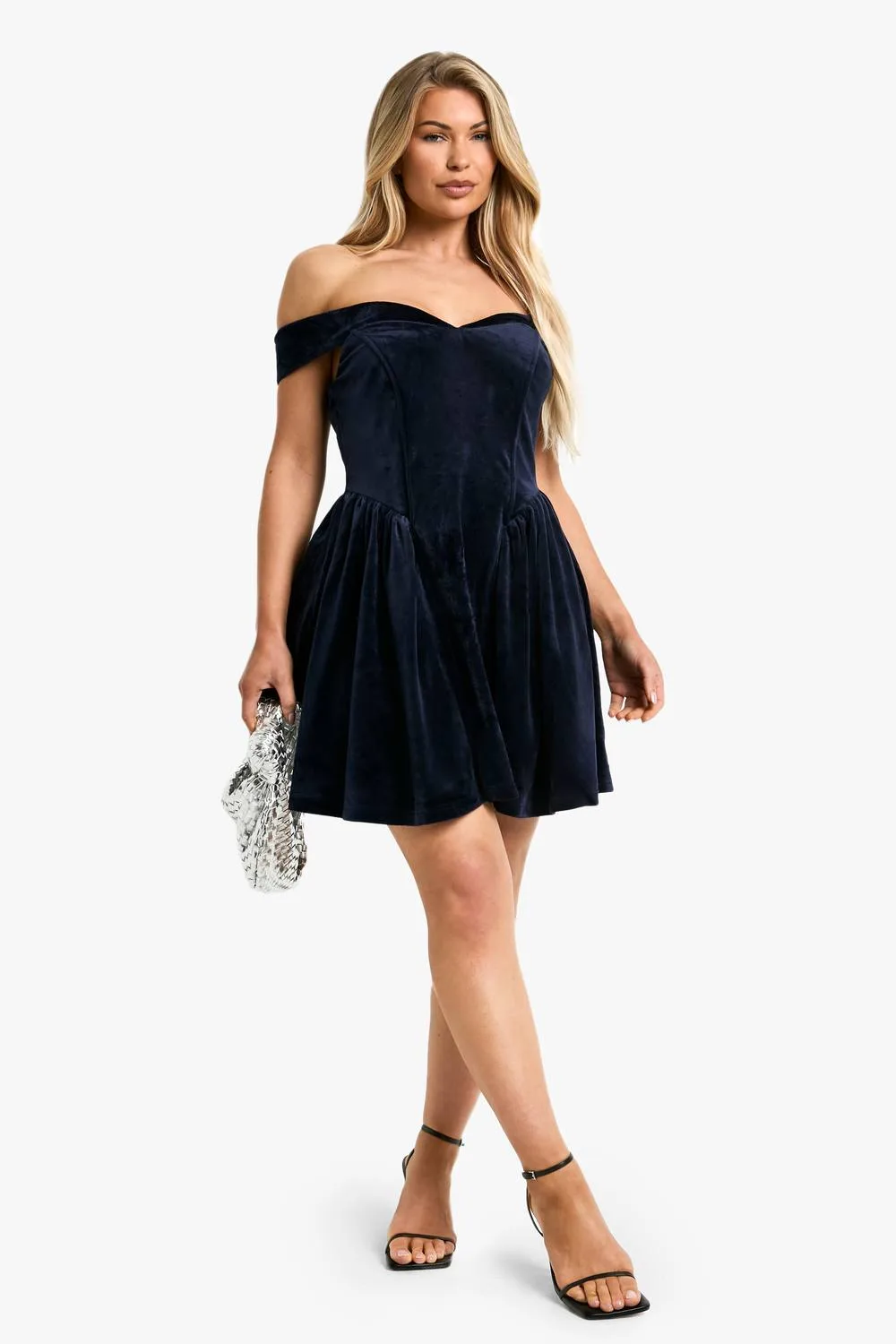 Velvet Bardot Structured Skater Dress by boohoo