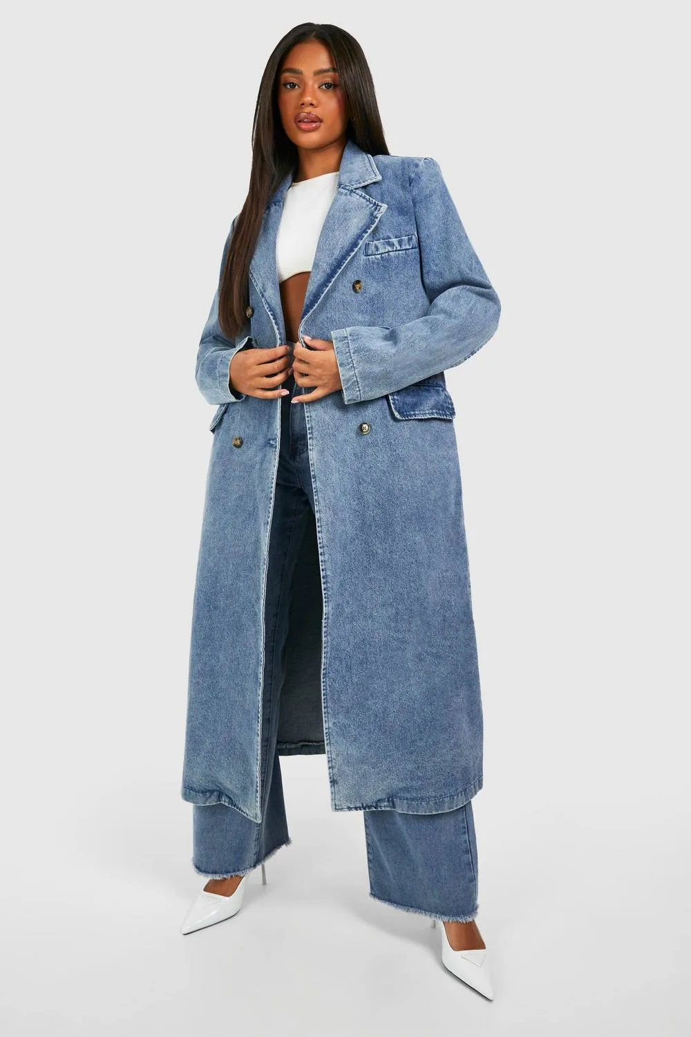 Double Breasted Denim Trench Coat by boohoo