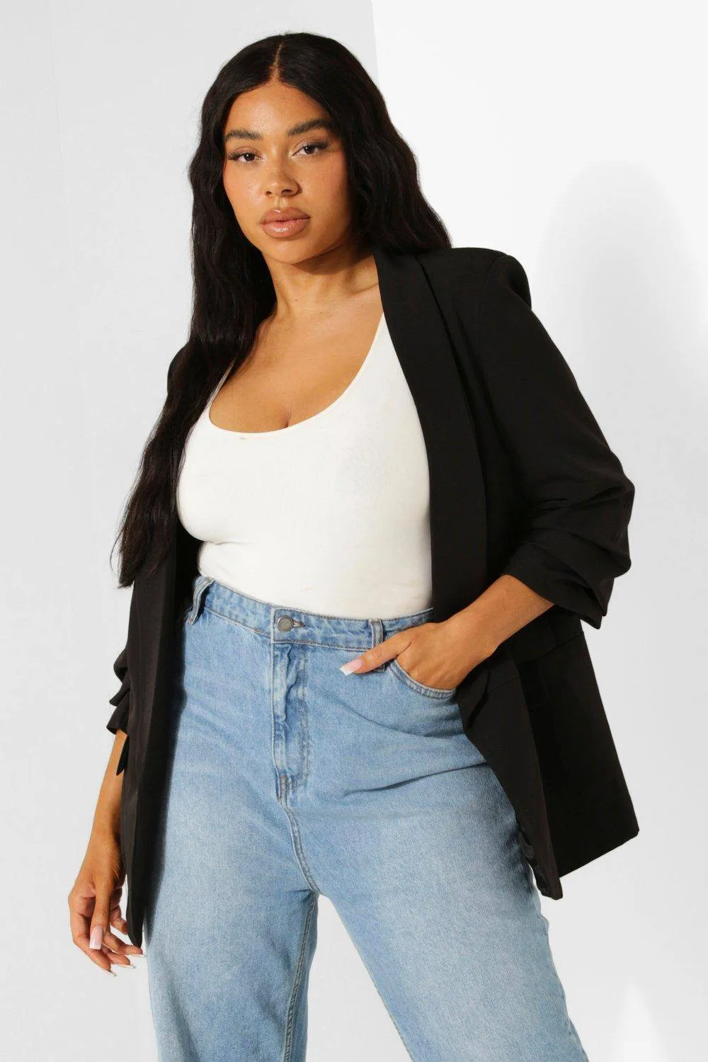 Stretch Woven Ruched Sleeve Blazer by boohoo
