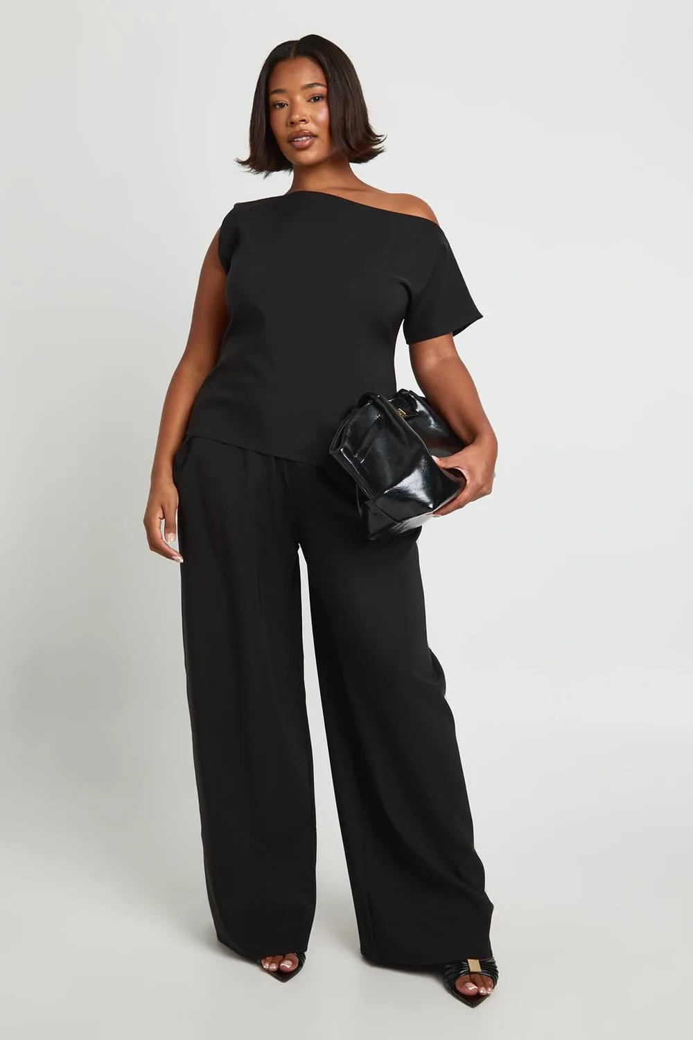 Asymmetrical Off-The Shoulder Top & Pleated Waist Wide Leg Trouser by boohoo