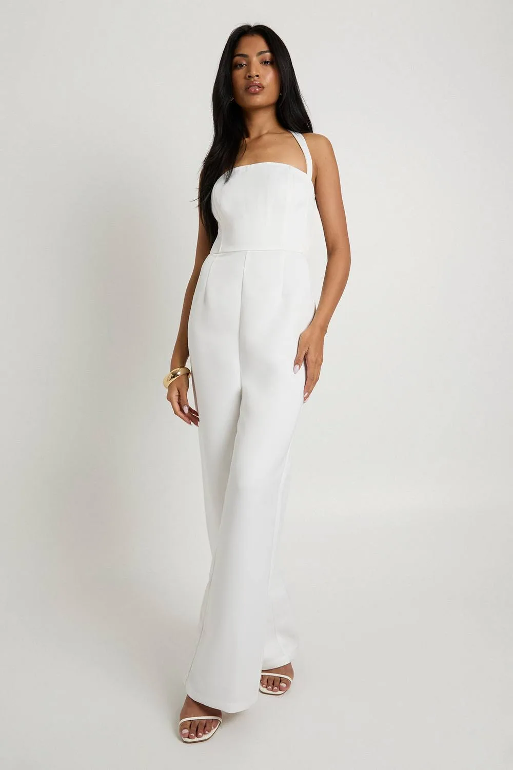 Premium Satin Boned Corset Halterneck Wide Leg Jumpsuit