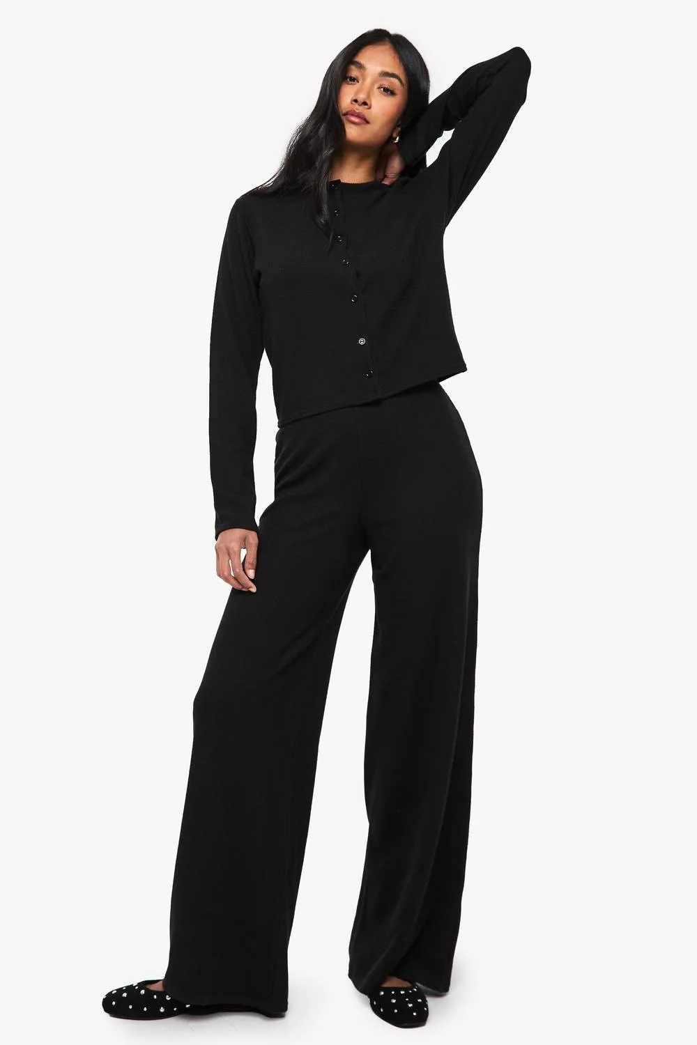 Rib Button Through Long Sleeve Top & Wide Leg Trouser Co-Ord by boohoo