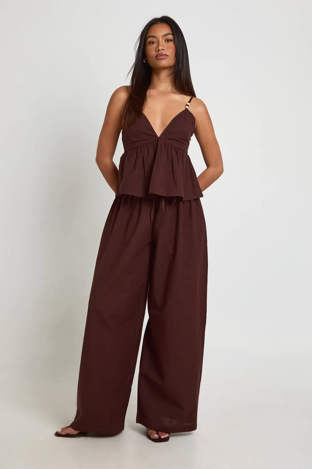 Linen Look Beaded Cami & Wide Leg Trouser Co-Ord by boohoo