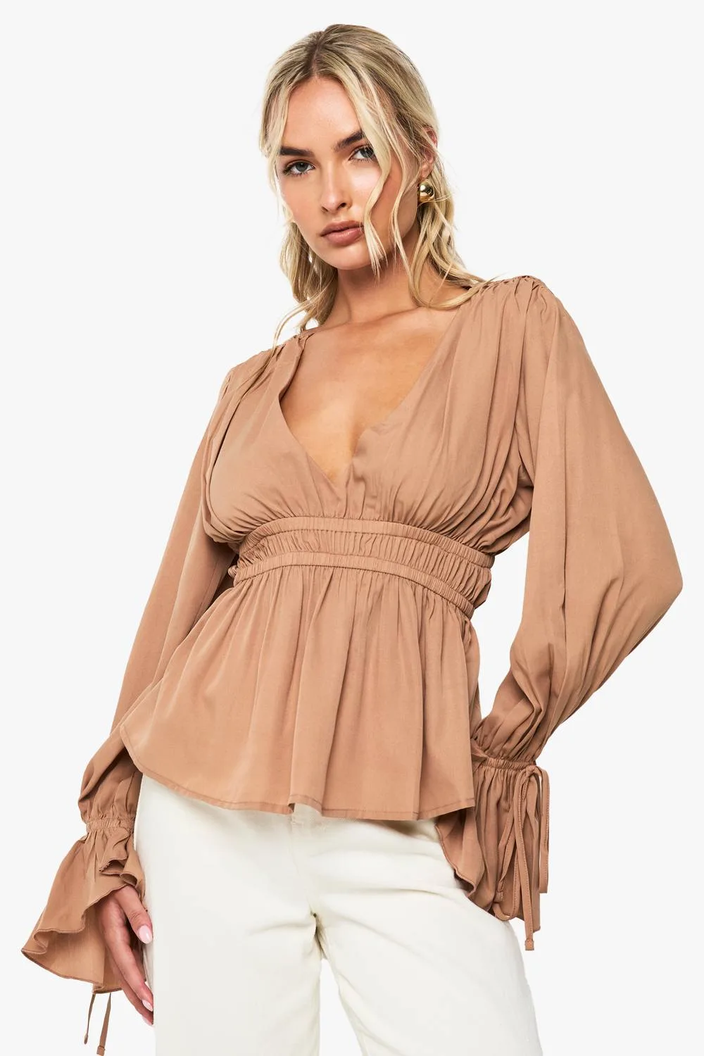 Tie Cuff Peplum Blouse by boohoo
