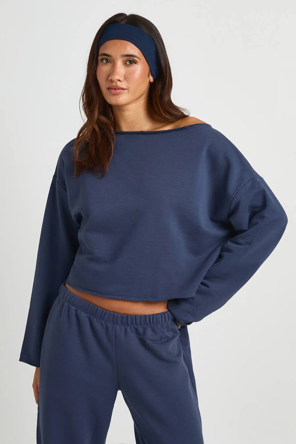 Loopback Raw Hem Off-Shoulder Sweatshirt by boohoo