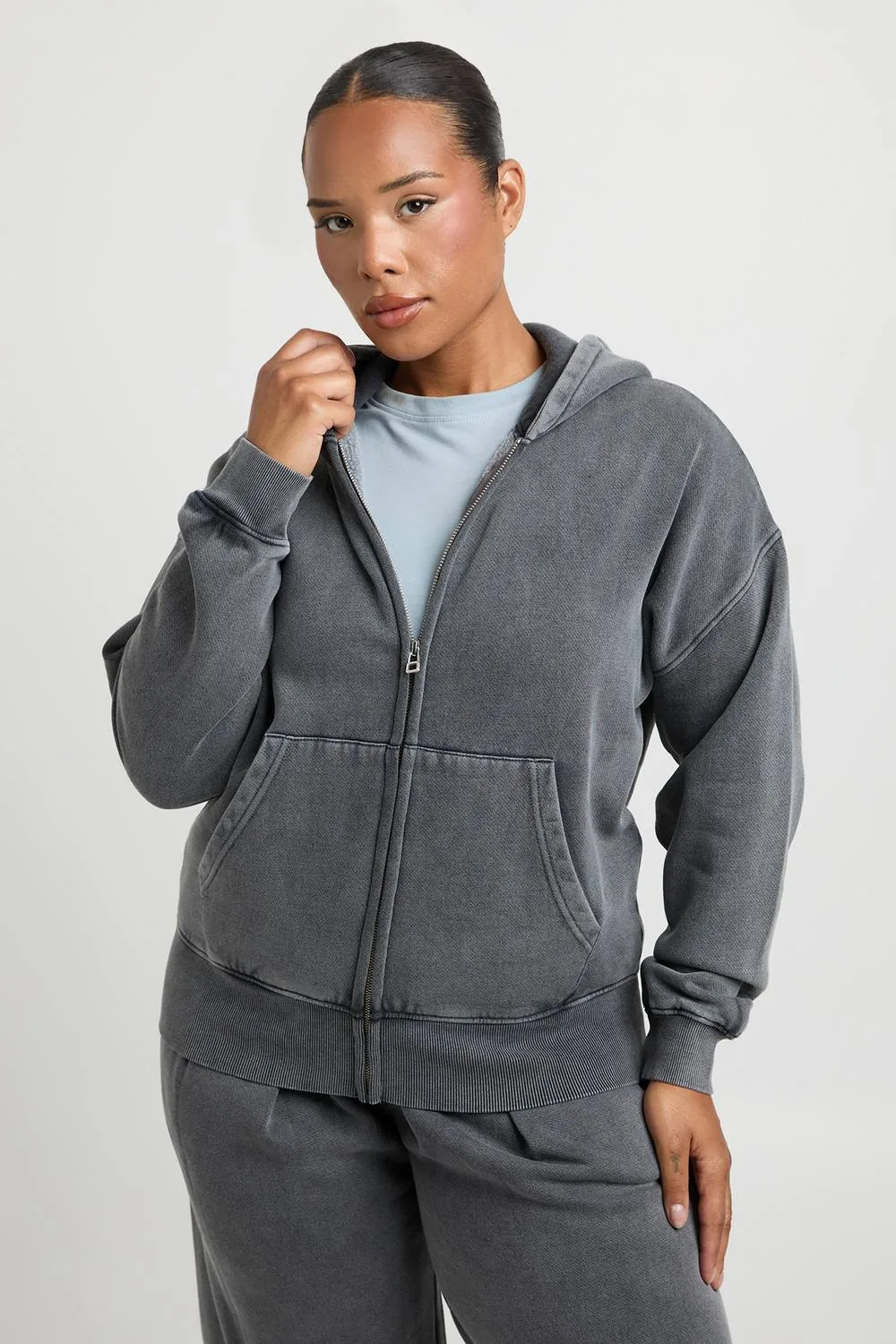 Zip Through Deep Hem Hoodie by boohoo