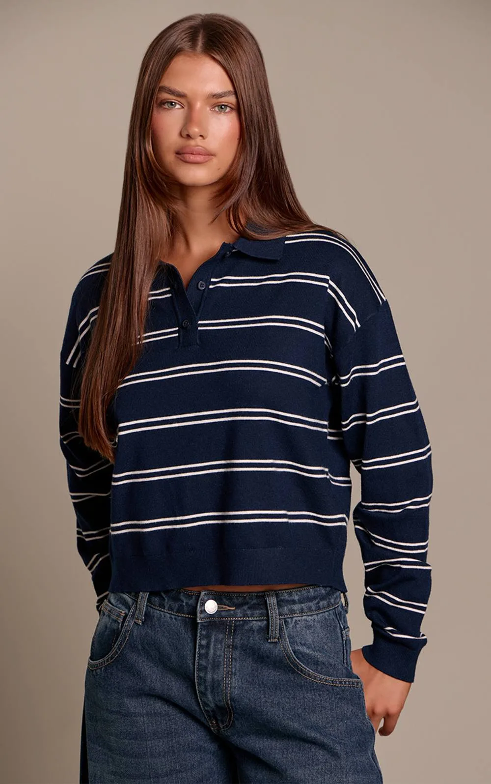 Long Sleeve Striped Knitted Polo Jumper by PrettyLittleThing