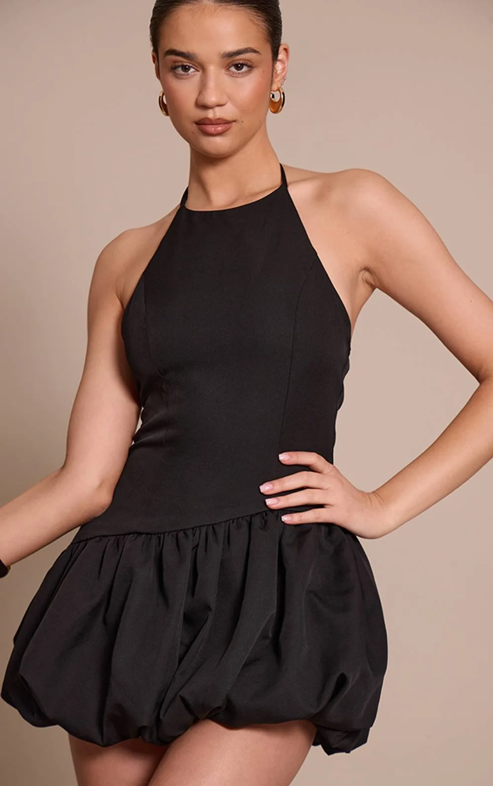 Woven Halterneck Puff Ball Mini Dress