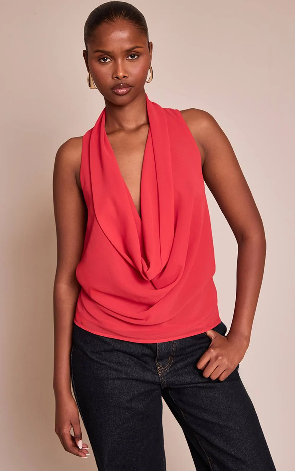 Chiffon Extreme Cowl Neck Detail Long Top