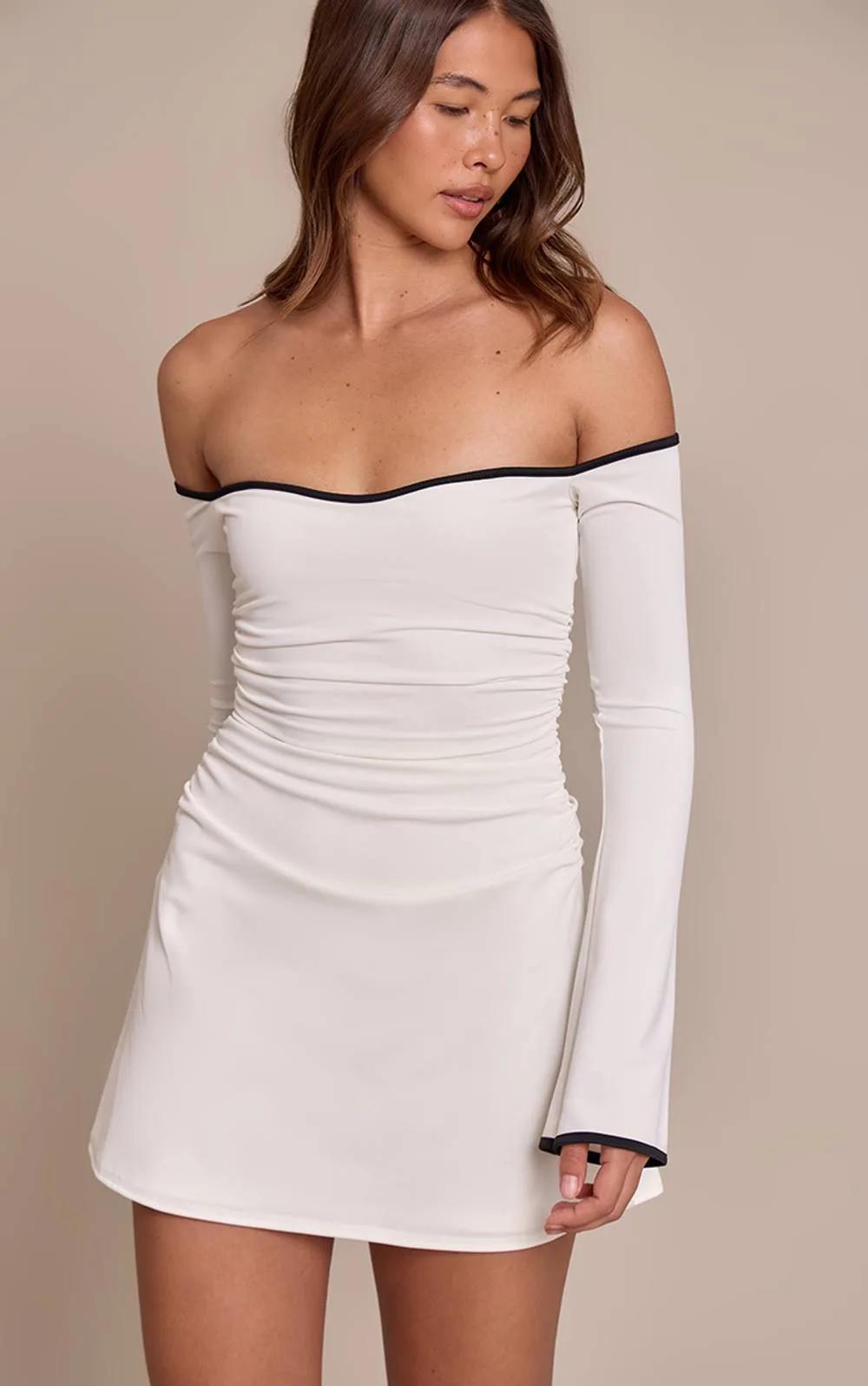 Slinky Contrast Off the Shoulder Shift Dress by PrettyLittleThing