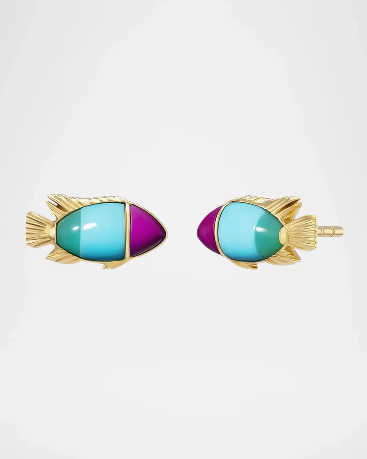 18K Yellow Gold Turquoise and Chrysoprase Fish Stud Earrings by Emily P. Wheeler