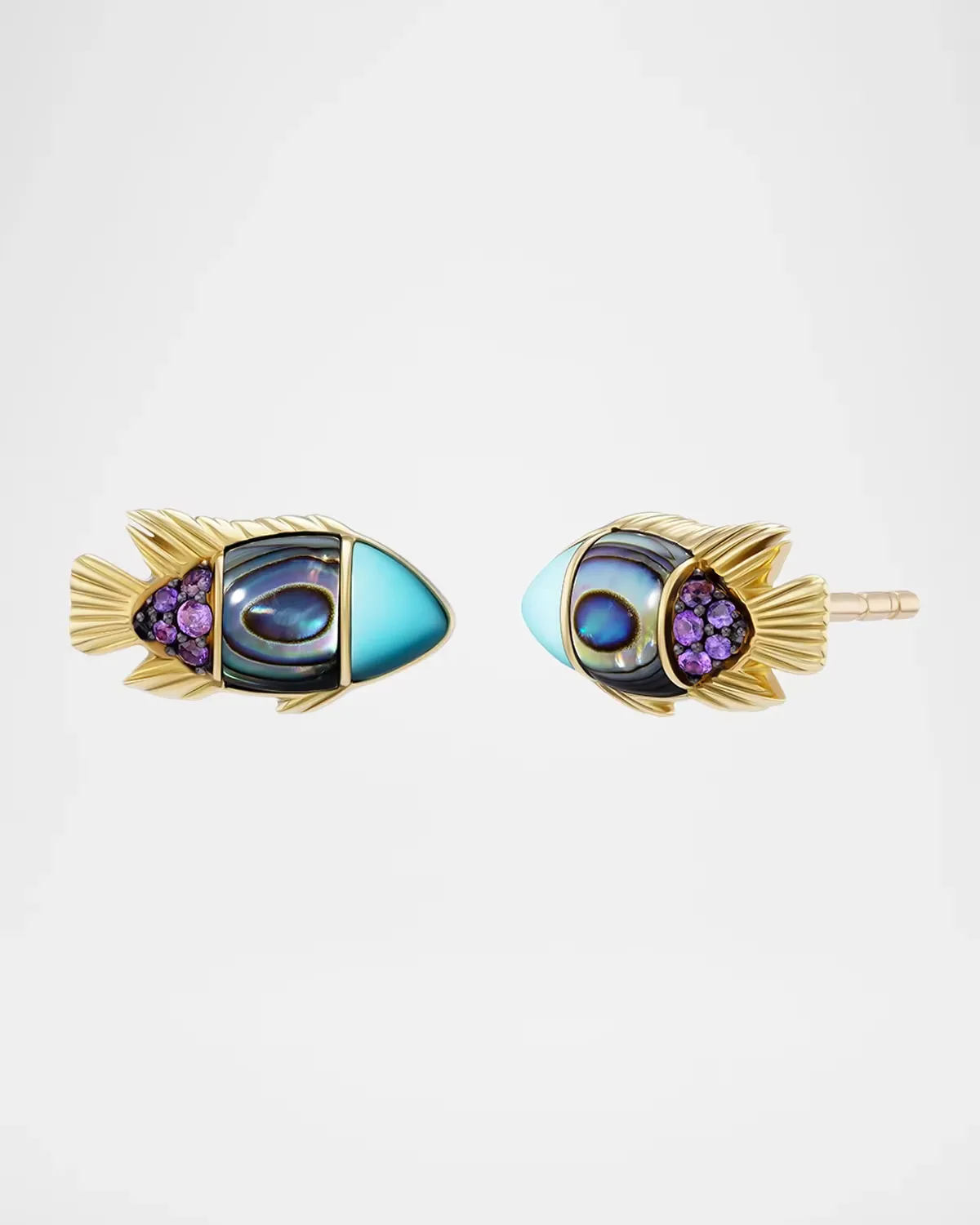 18K Yellow Gold Sapphire and Turquoise Fish Stud Earrings by Emily P. Wheeler