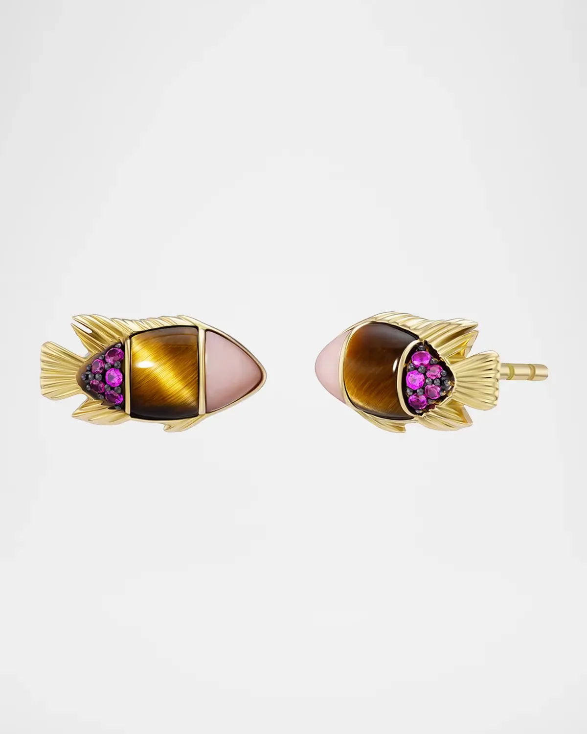 18K Yellow Gold Tiger's Eye and Sapphire Fish Stud Earrings by Emily P. Wheeler