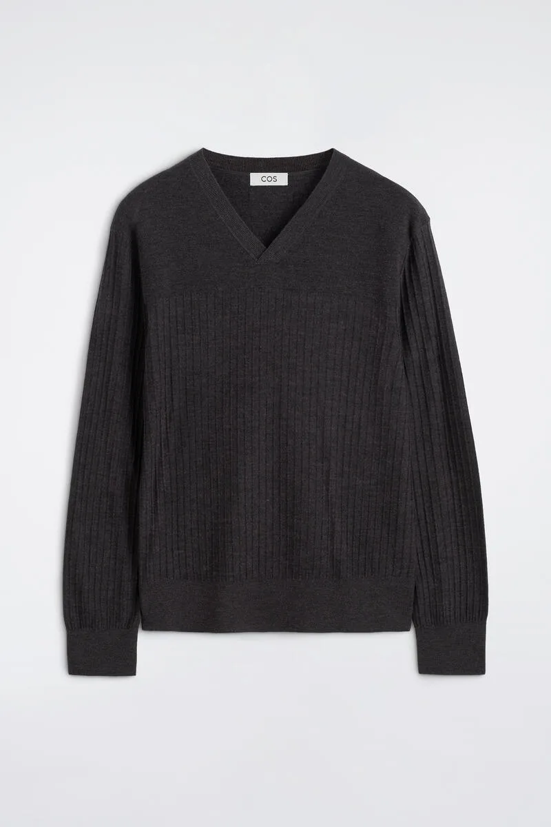 Ribbed Fine Merino Wool V-Neck Sweater by COS