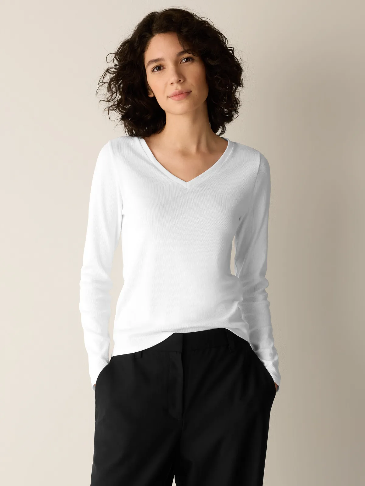 Organic Cotton Stretch Rib V-Neck Top by EILEEN FISHER