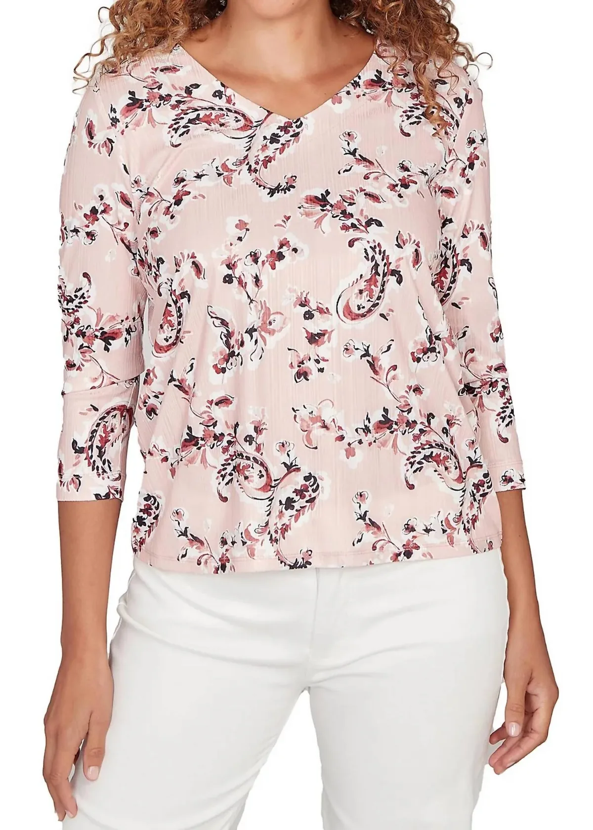 V Neck Paisley Onion Skin Top in Sandy Blush by Emaline