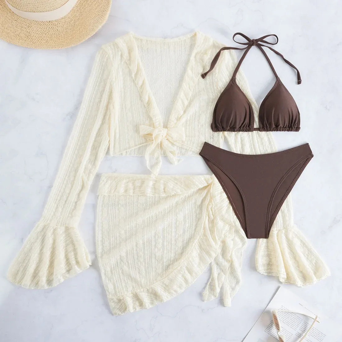 Long Sleeve Cover Up Triangle Apron Four Piece Bikini Lace Swimsuit Swimwear Set by TRUEDAMES