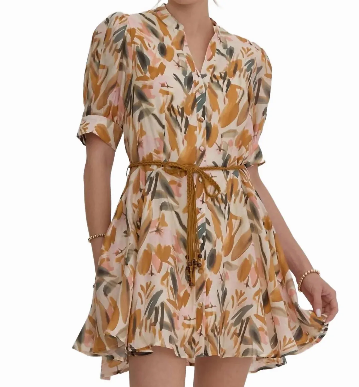 Leaf Print Braided Belt Shirt Dress