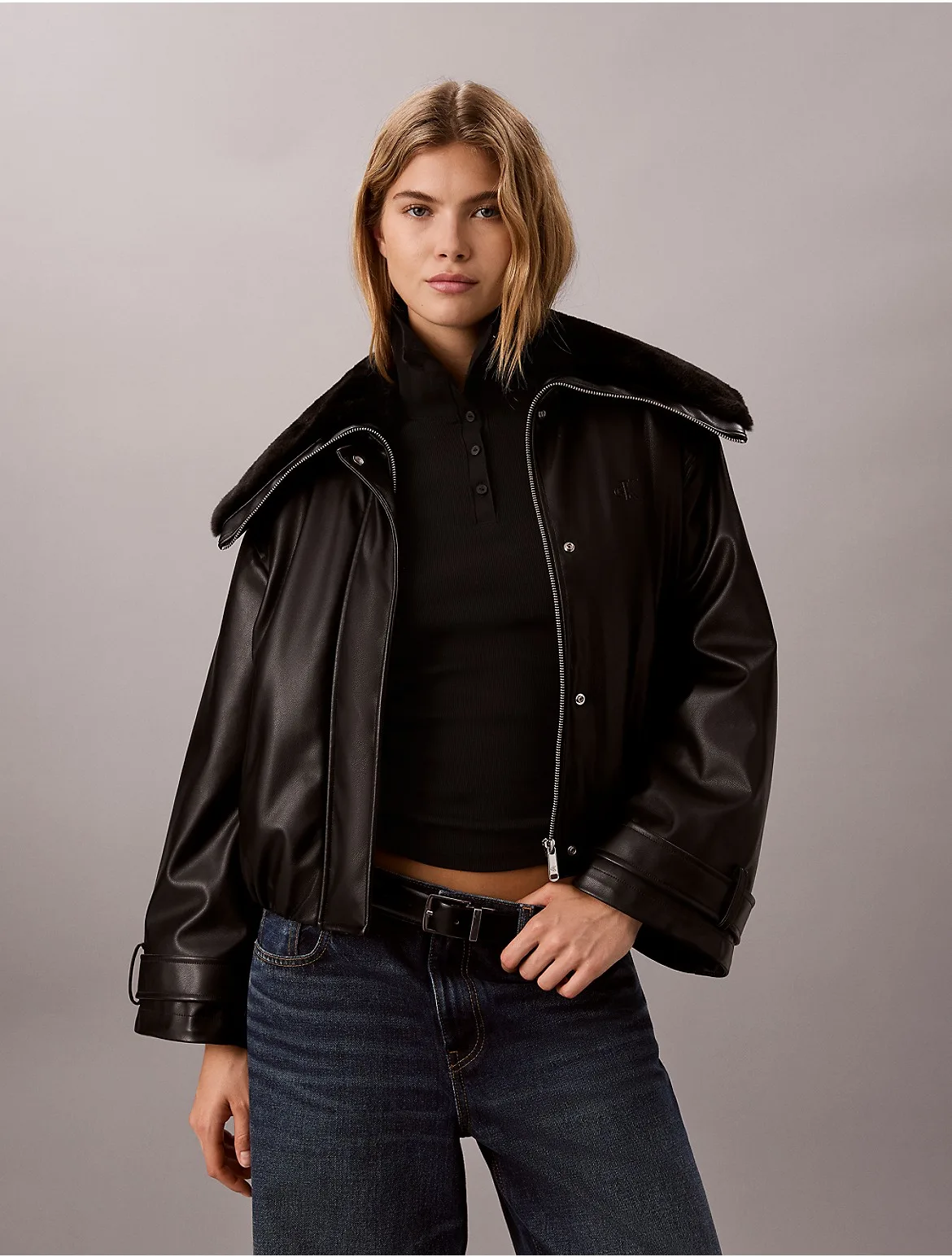 Faux Leather Padded Bomber Jacket by Calvin Klein Jeans