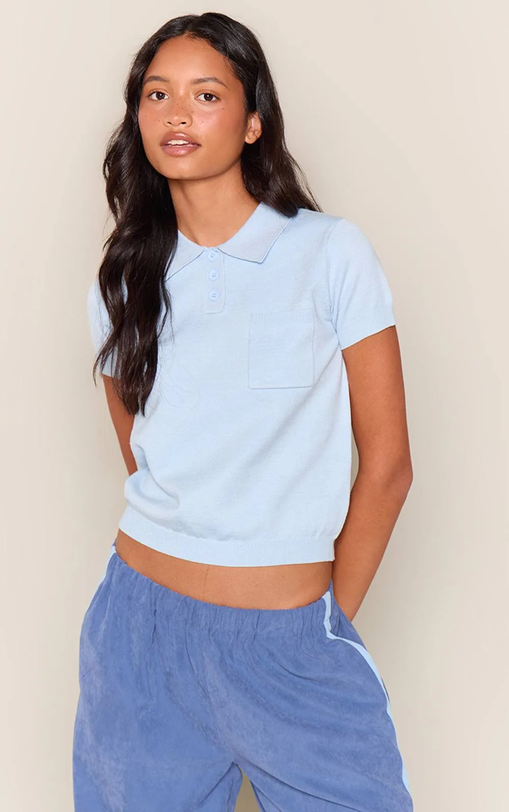 Baby Blue Pocket Detail Knitted Polo Top by PrettyLittleThing
