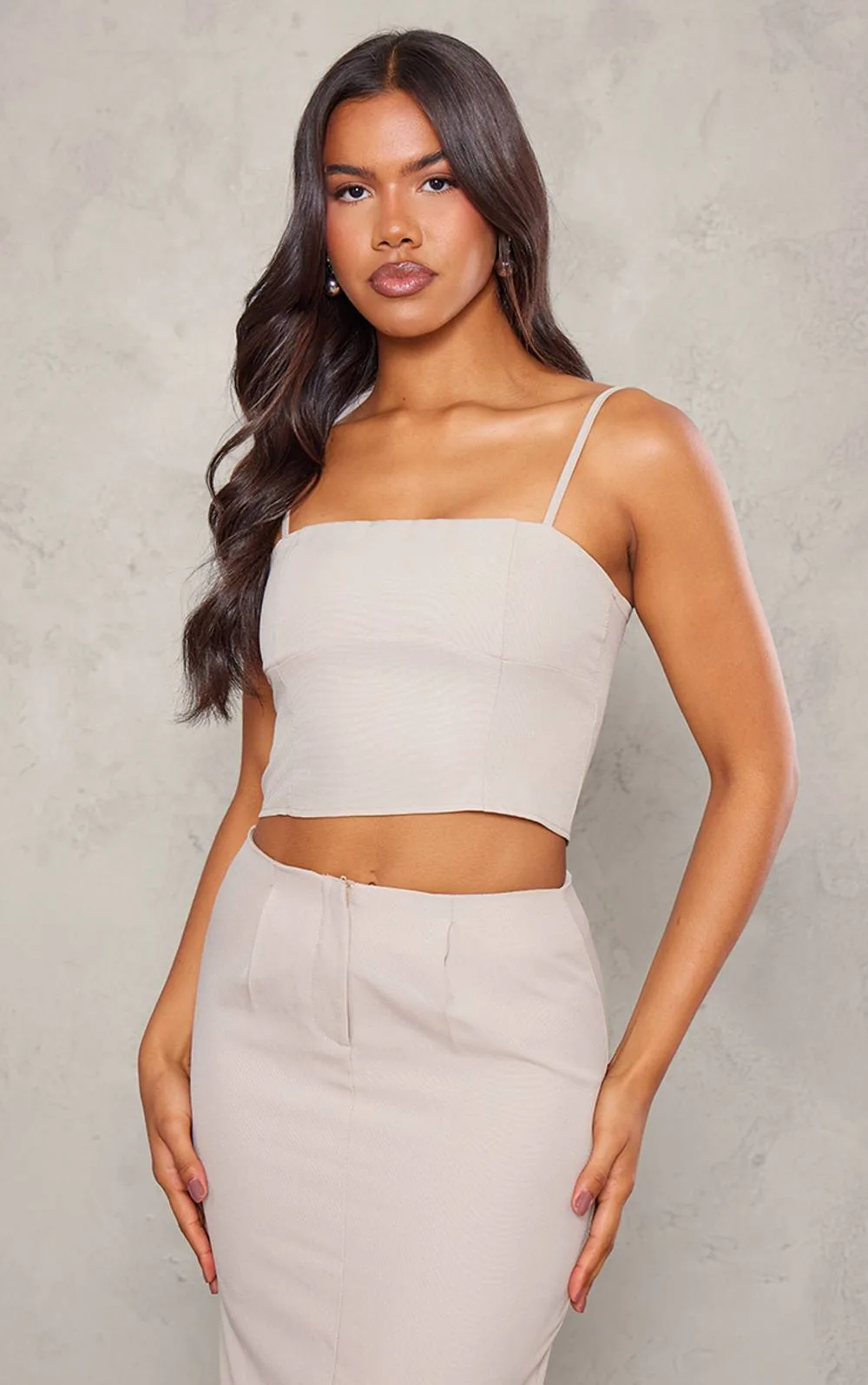 Woven Straight Neck Cami Top Co-Ord - Stone by PrettyLittleThing