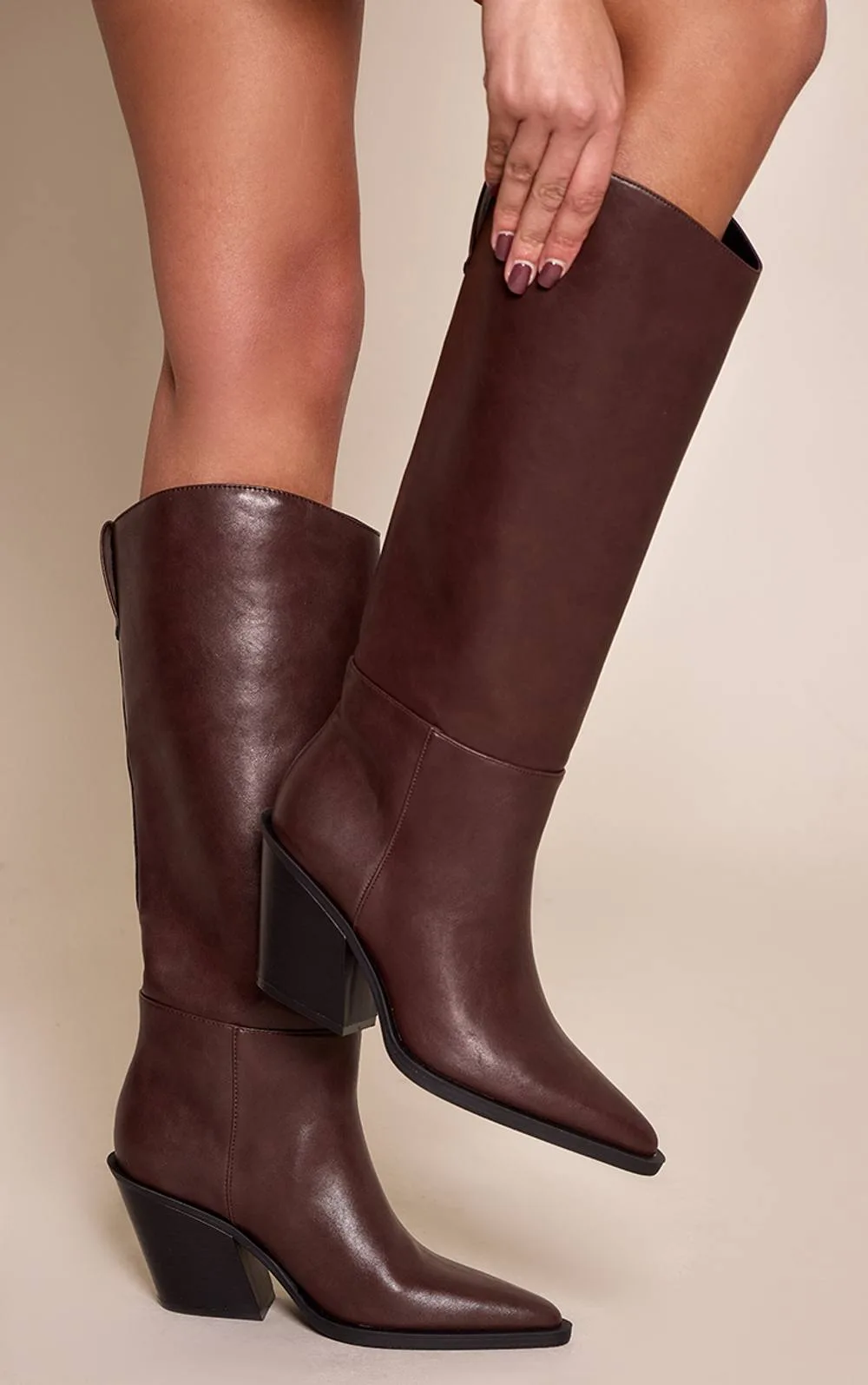 Faux Leather Cuban Heel Knee High Boots