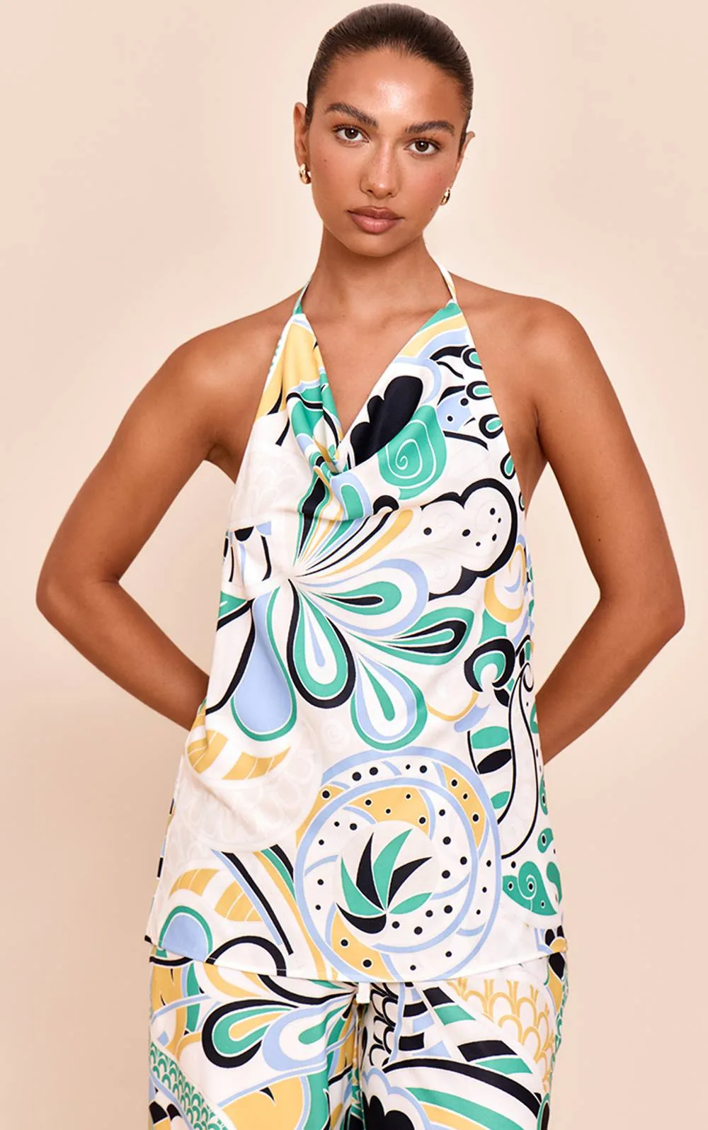 Abstract Print Woven Halter Neck Floaty Long Top Co-Ord by PrettyLittleThing