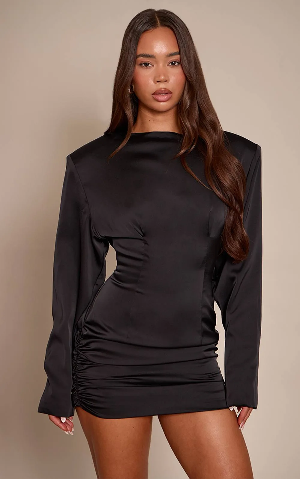 PLT Label Satin Extreme Shoulder Ruched Bodycon Mini Dress