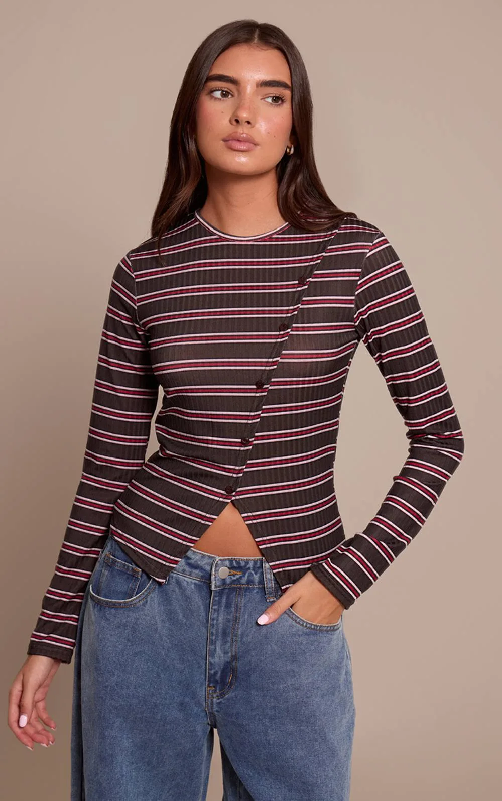 Stripe Rib Asymmetric Button Down Top