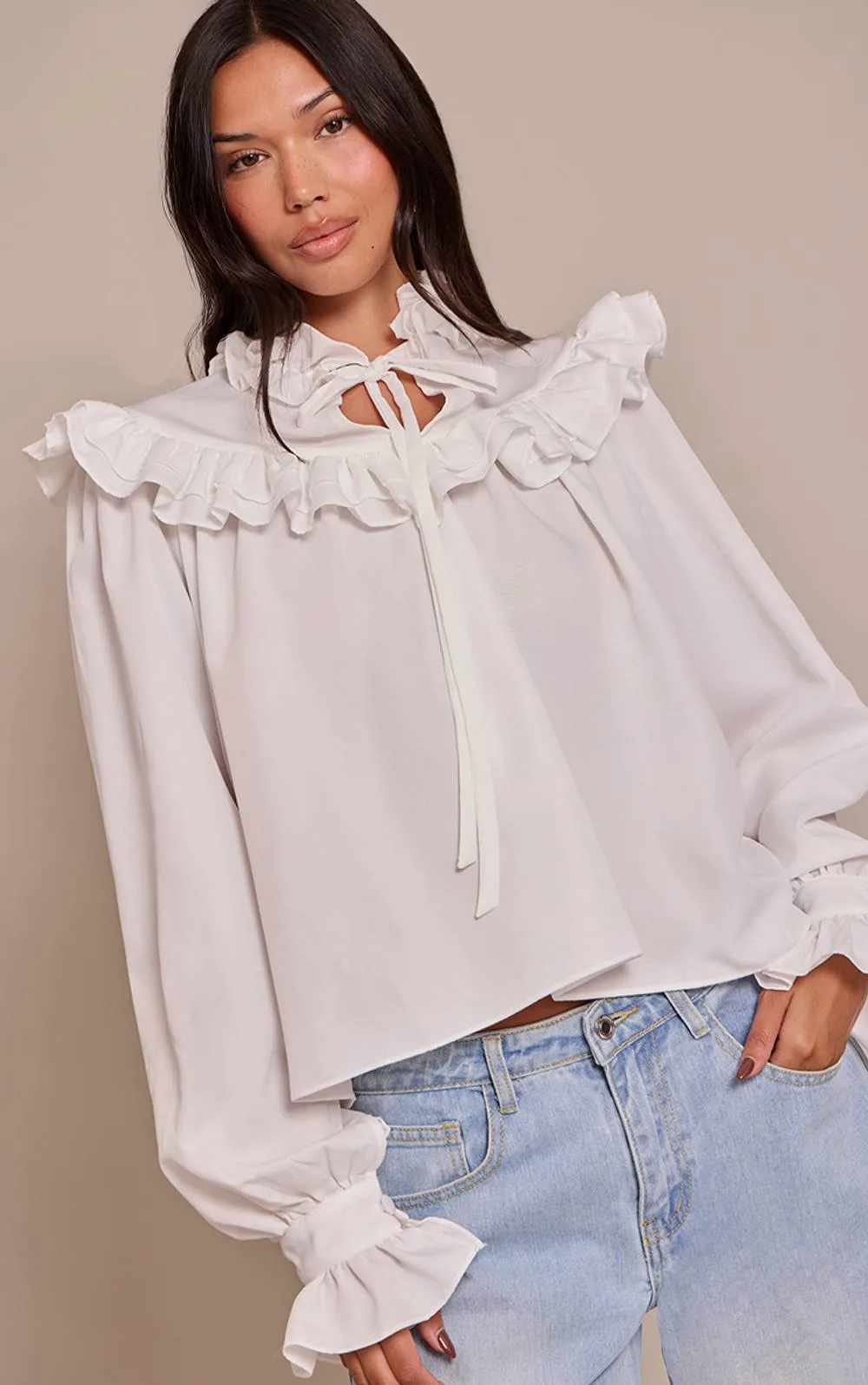 High Neck Cotton Frill Detail Long Sleeve Shirt
