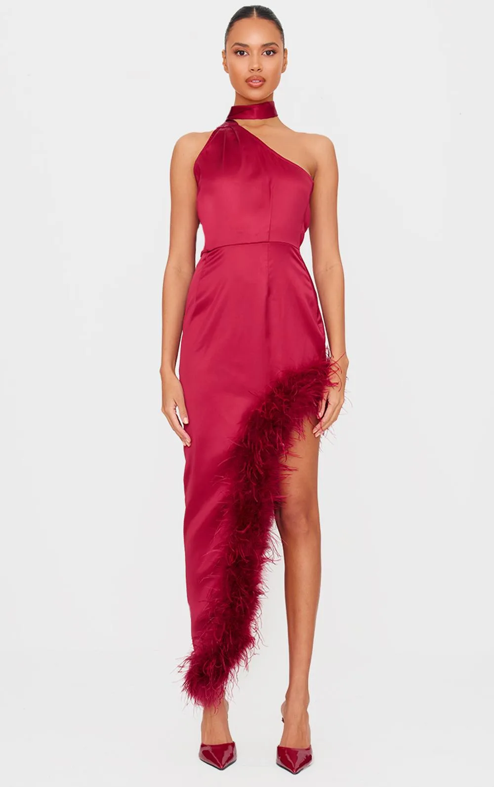 Satin High Neck Feather Trim Maxi Dress by PrettyLittleThing