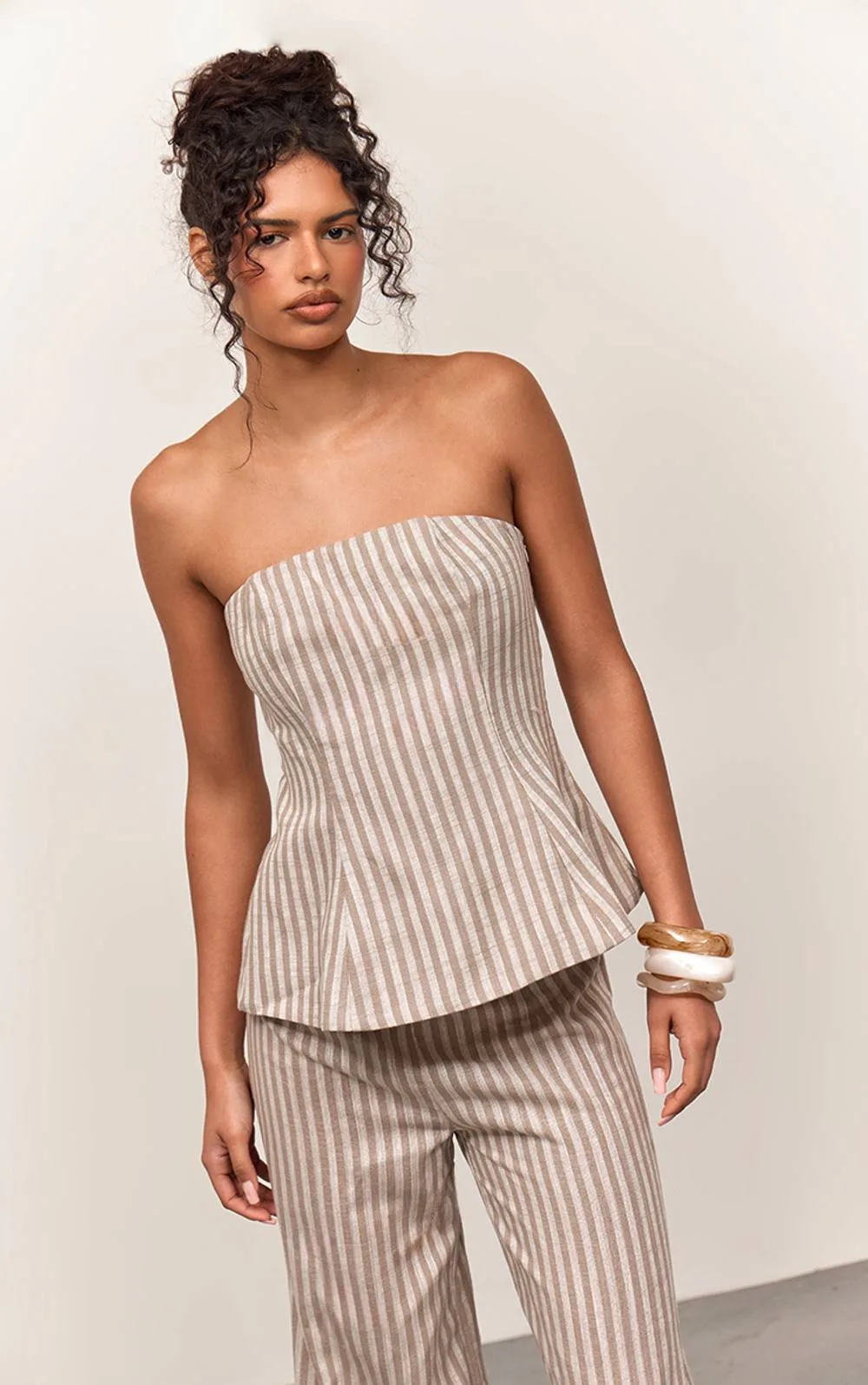Stripe Linen Bandeau Peplum Top Co-Ord