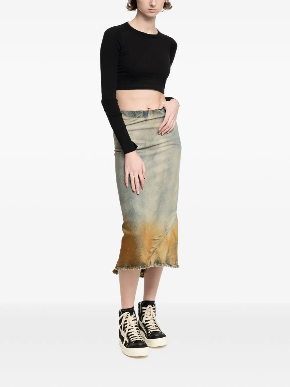 Dégradé-Effect Frayed Midi Skirt by Rick Owens DRKSHDW