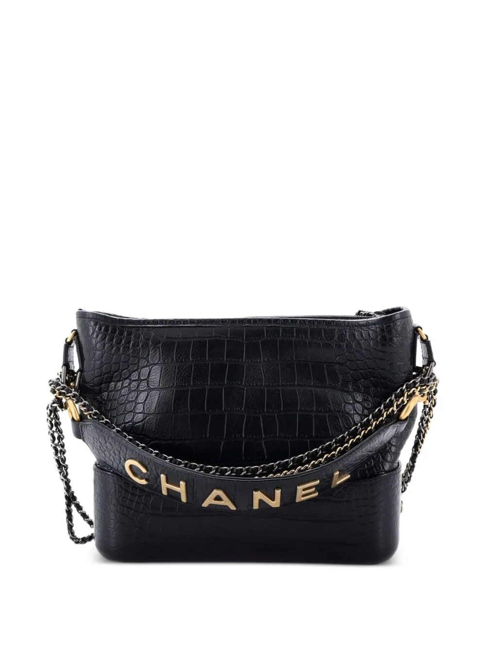 Gabrielle with Logo Handle Crocodile Embossed Calfskin Medium Hobo Bag