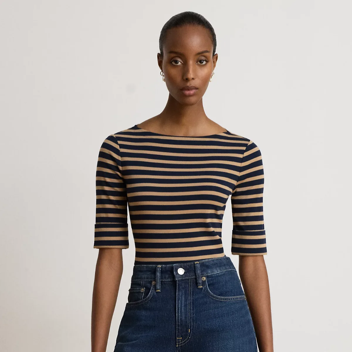 Striped Stretch Cotton Boatneck T-Shirt by Lauren Ralph Lauren