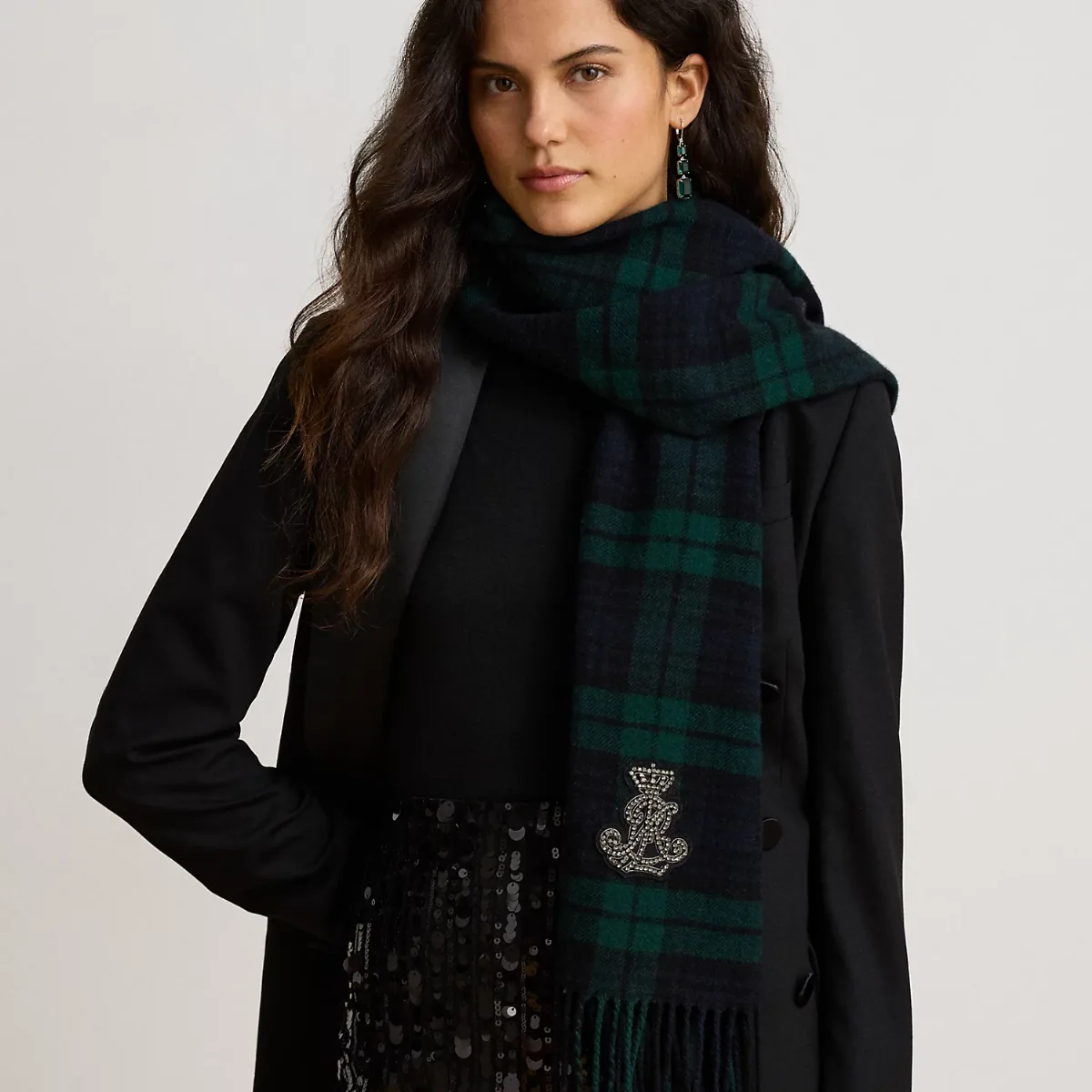 Plaid Embellished-Bullion Wool Scarf by Lauren Ralph Lauren