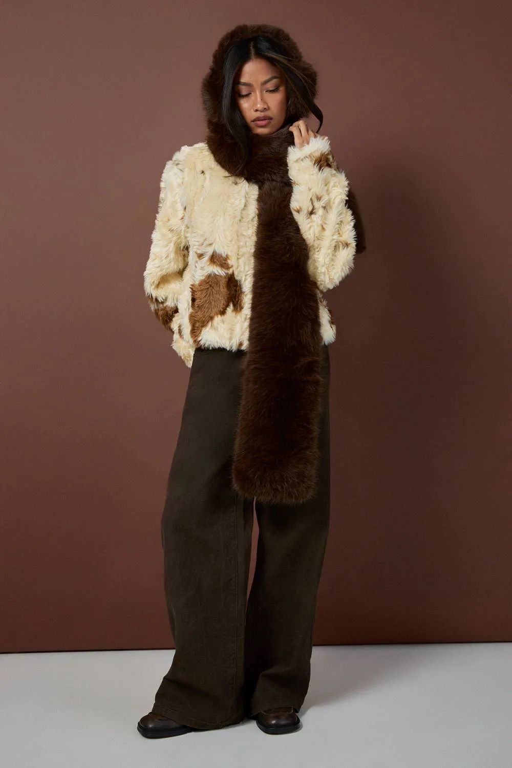 Cow Print Faux Fur Jacket by boohoo