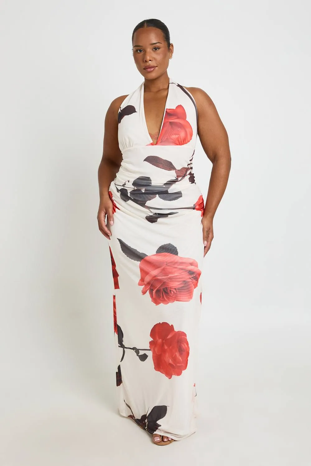 Rose Print Mesh Ruched Ruffle Maxi Dress by boohoo