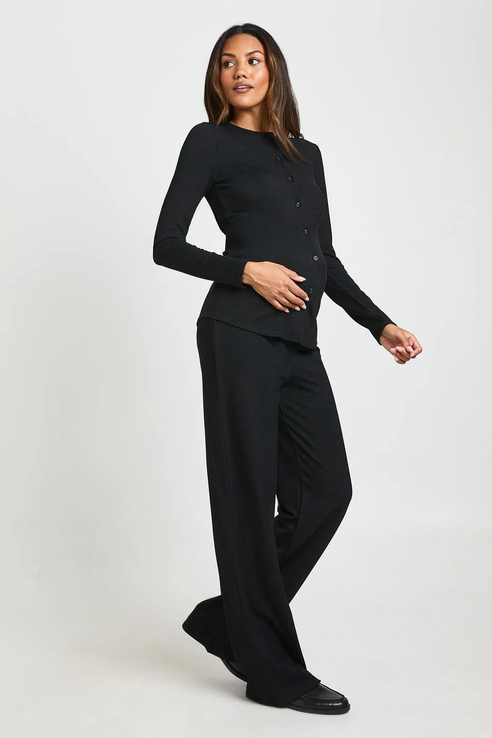 Maternity Soft Knit Button Cardigan & Wide Leg Trouser by boohoo
