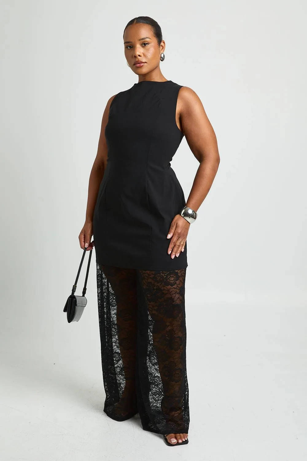 Bengaline Longline Jumpsuit with Lace Wide Leg Trouser by boohoo