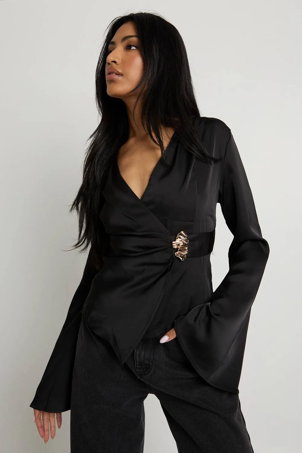 Gold Trim Satin Long Sleeve Top by boohoo