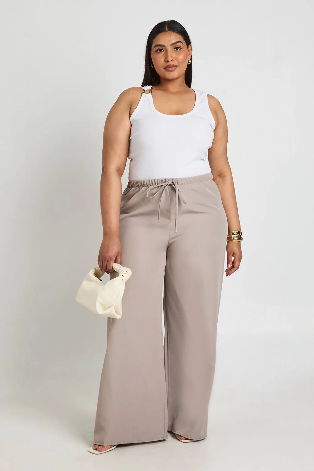 Woven Elasticated Waist Drawstring Wide Leg Trouser - Stone