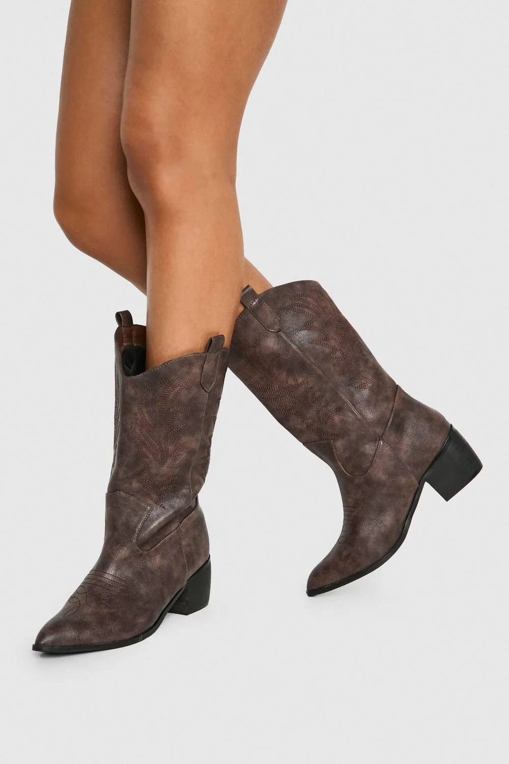 Wide Fit Vintage Look Tab Detail Ankle Cowboy Western Boots by boohoo