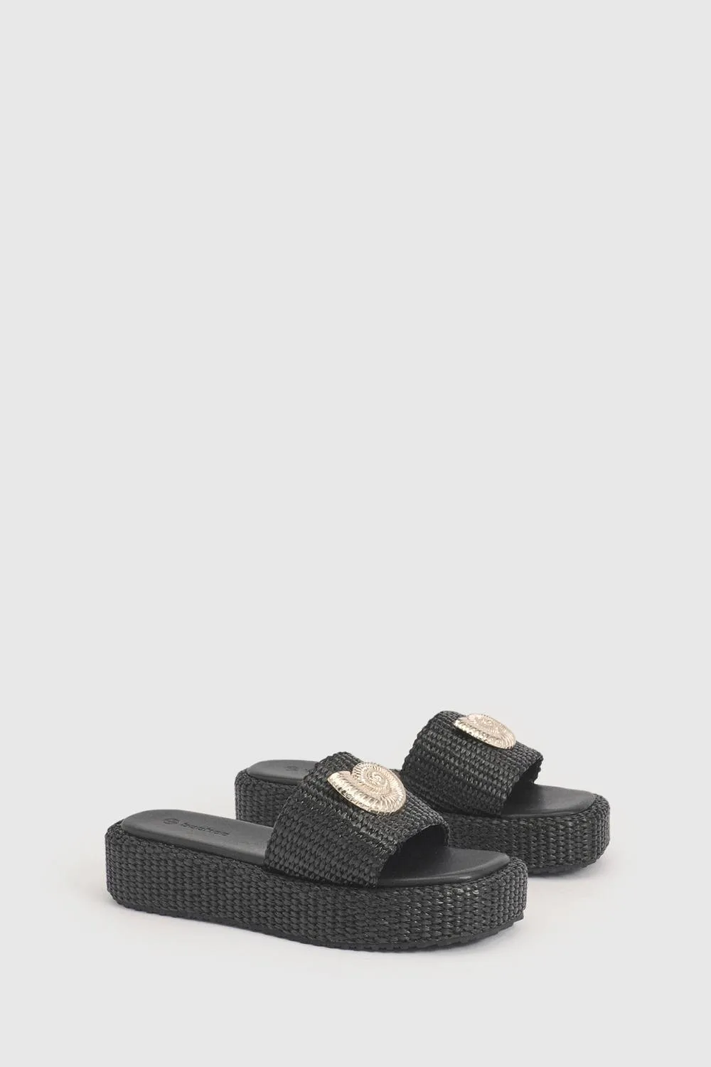 Shell Trim Detail Raffia Flatform Sandals by boohoo
