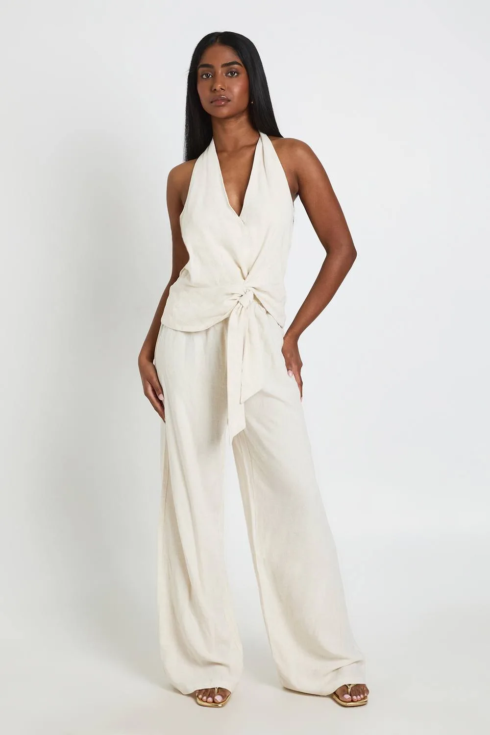 Halterneck Linen Look Knot Front Wide Leg Jumpsuit - Stone by boohoo