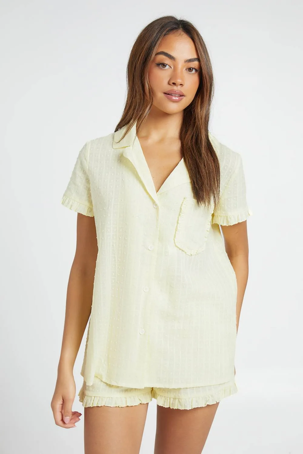 Textured Frill Detail Short Sleeve Shirt & Short Pyjama Set by boohoo